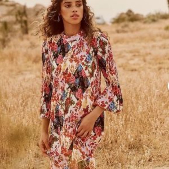 Anthropologie Maeve Shara Floral Pleated Patchwork Midi Dress S Puff Sleeves - Picture 1 of 14